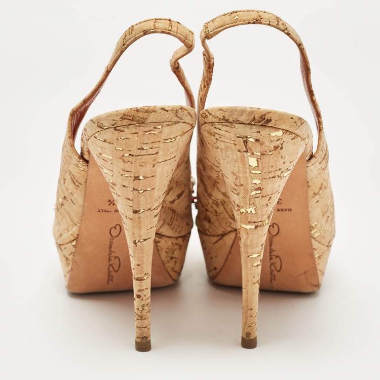 Pre Owned Oscar De La Renta Brown Cork Embellished Slingback Platform Pumps Size 37.5