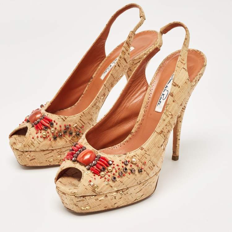 Pre Owned Oscar De La Renta Brown Cork Embellished Slingback Platform Pumps Size 37.5