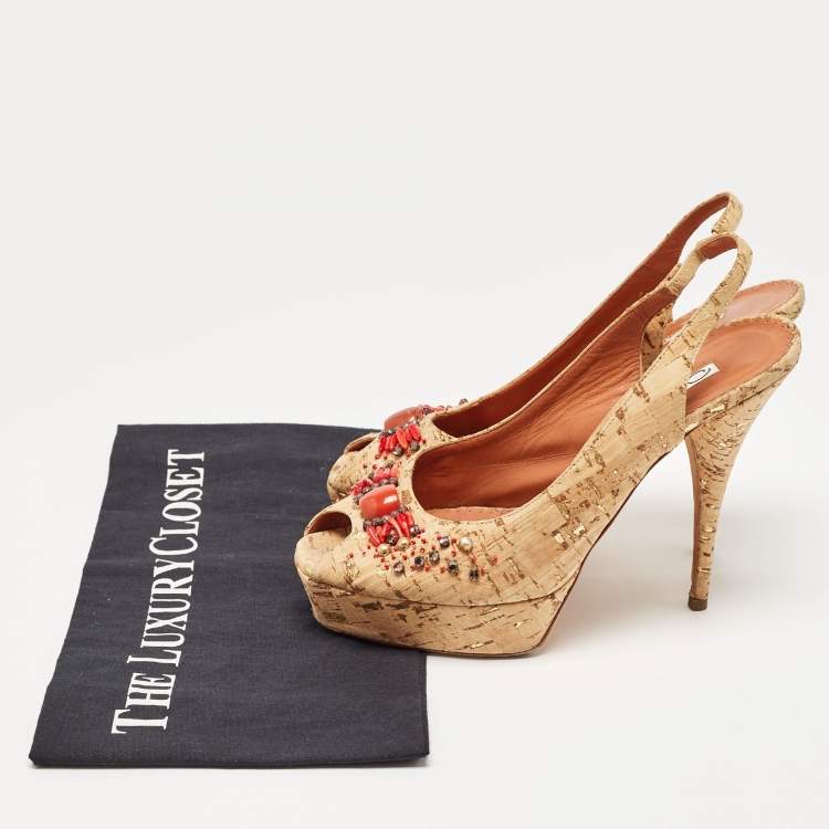 Pre Owned Oscar De La Renta Brown Cork Embellished Slingback Platform Pumps Size 37.5