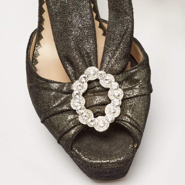 Pre Owned Oscar de la Renta Metallic Texture Suede Crystal Embellished Cutout Pumps Size 37