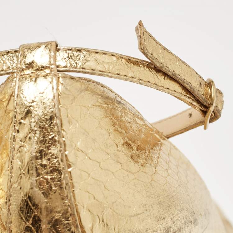 Pre Owned Oscar de la Renta Metallic Gold Python Embossed Peep Toe Ankle Strap Pumps Size 37.5