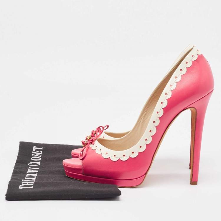 Pre Owned Oscar De La Renta Pink/White Leather Peep Toe Pumps Size 40