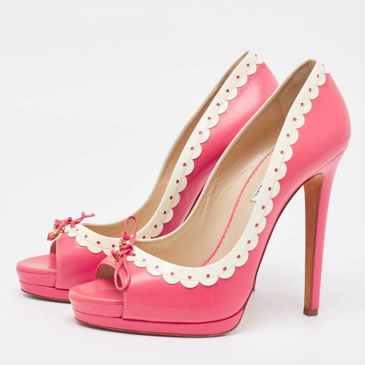 Pre Owned Oscar De La Renta Pink/White Leather Peep Toe Pumps Size 40