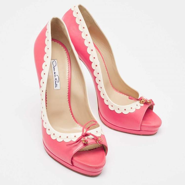 Pre Owned Oscar De La Renta Pink/White Leather Peep Toe Pumps Size 40