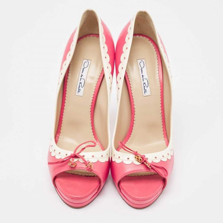 Pre Owned Oscar De La Renta Pink/White Leather Peep Toe Pumps Size 40