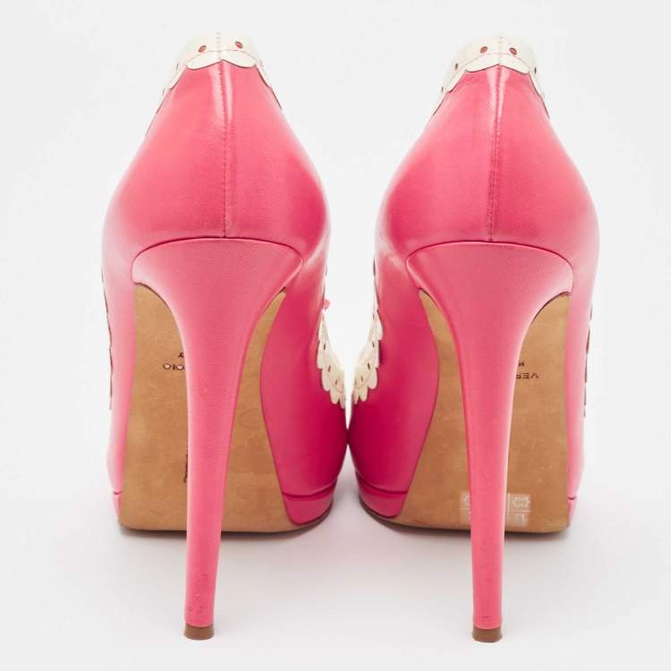 Pre Owned Oscar De La Renta Pink/White Leather Peep Toe Pumps Size 40