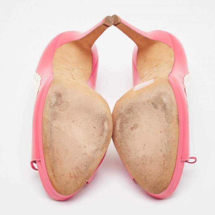 Pre Owned Oscar De La Renta Pink/White Leather Peep Toe Pumps Size 40