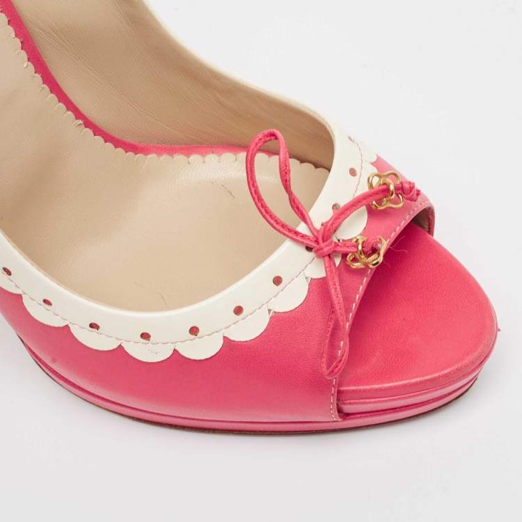 Pre Owned Oscar De La Renta Pink/White Leather Peep Toe Pumps Size 40