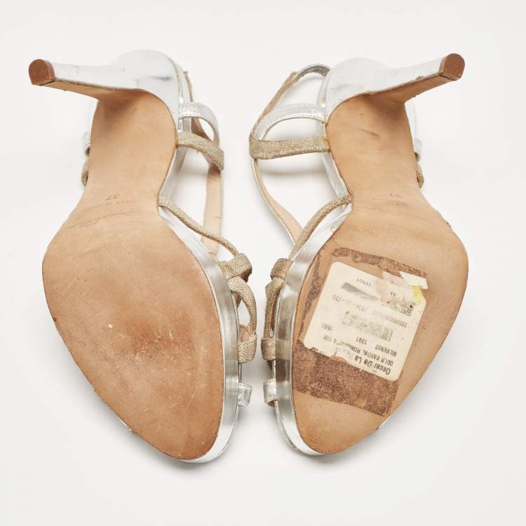 Pre Owned Oscar de la Renta Silver/Beige Leather and Canvas Strappy Platform Sandals Size 37