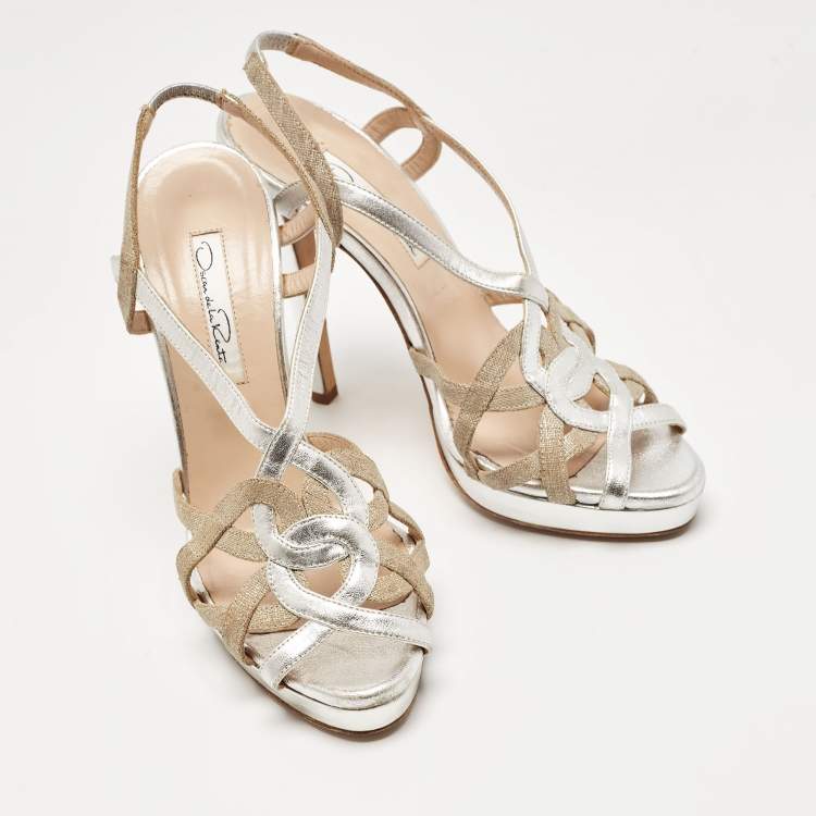 Pre Owned Oscar de la Renta Silver/Beige Leather and Canvas Strappy Platform Sandals Size 37