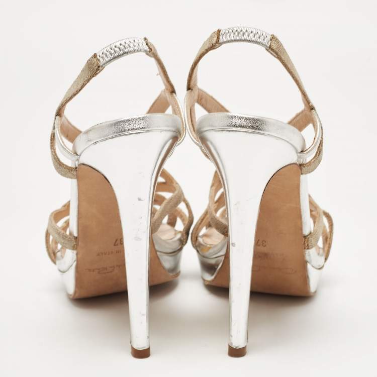 Pre Owned Oscar de la Renta Silver/Beige Leather and Canvas Strappy Platform Sandals Size 37