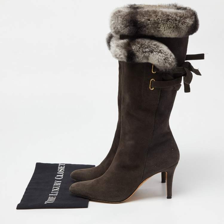 Pre Owned Oscar de la Renta Dark Grey Suede and Mink Fur Knee Length Boots Size 39
