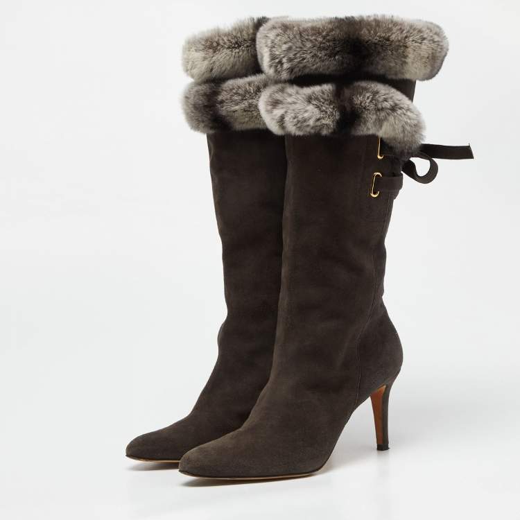 Pre Owned Oscar de la Renta Dark Grey Suede and Mink Fur Knee Length Boots Size 39