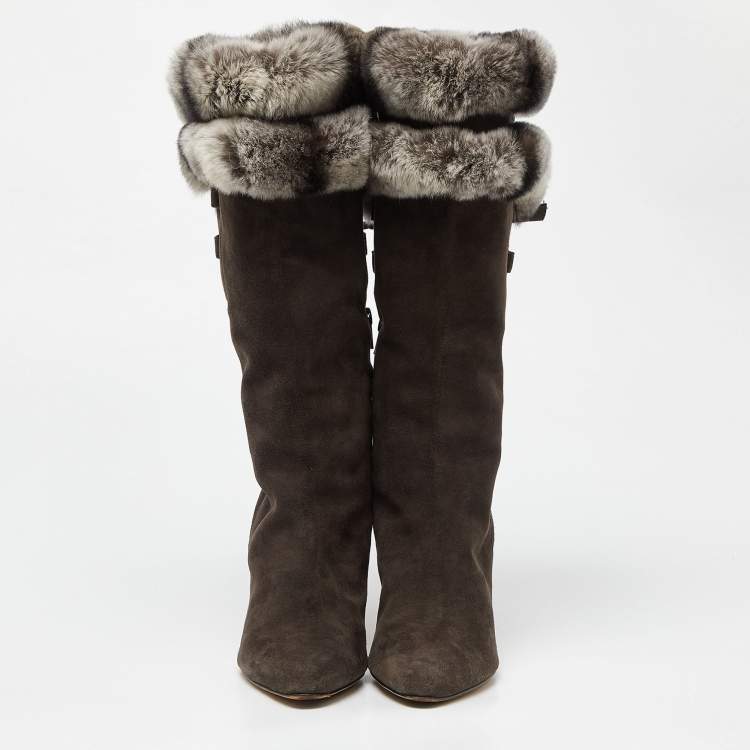 Pre Owned Oscar de la Renta Dark Grey Suede and Mink Fur Knee Length Boots Size 39