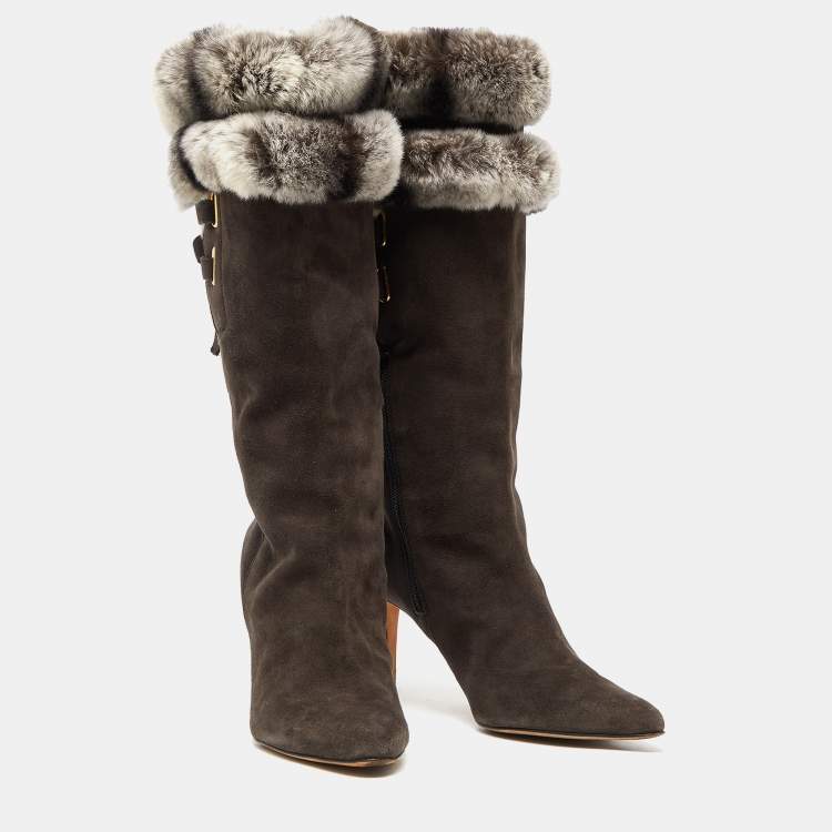 Pre Owned Oscar de la Renta Dark Grey Suede and Mink Fur Knee Length Boots Size 39