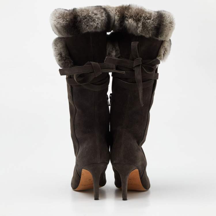 Pre Owned Oscar de la Renta Dark Grey Suede and Mink Fur Knee Length Boots Size 39