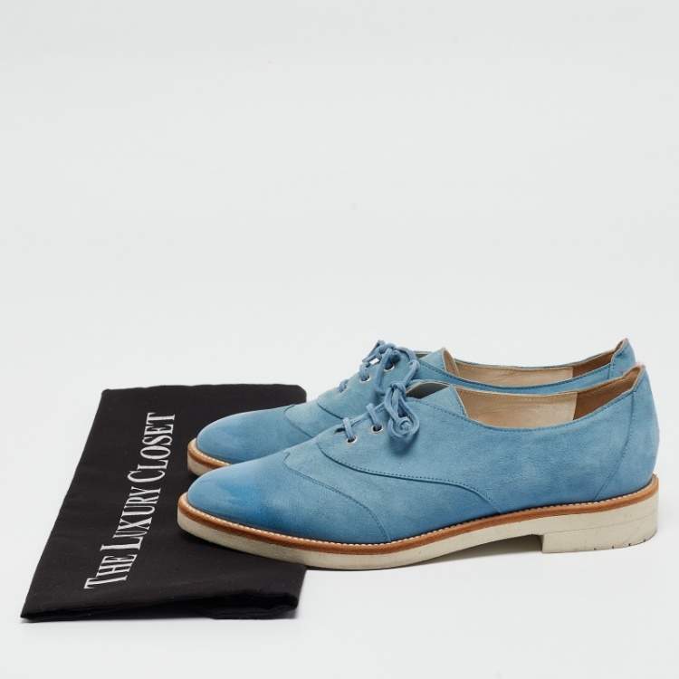 Pre Owned Oscar de la Renta Blue Suede Lace Up Oxfords Size 37