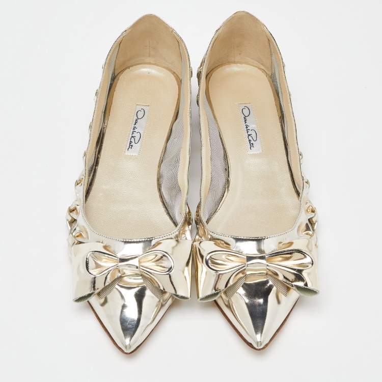 Pre Owned Oscar de la Renta Gold Patent Leather and Mesh Bow Ballet Flats Size 40