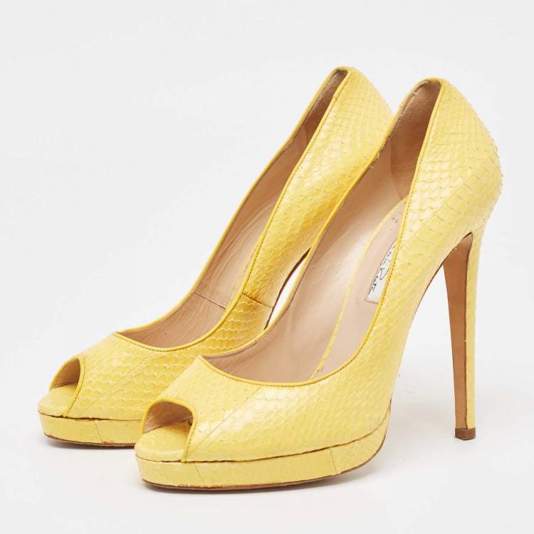Pre Owned Oscar de la Renta Yellow Python Leather Peep Toe Platform Pumps Size 40.5
