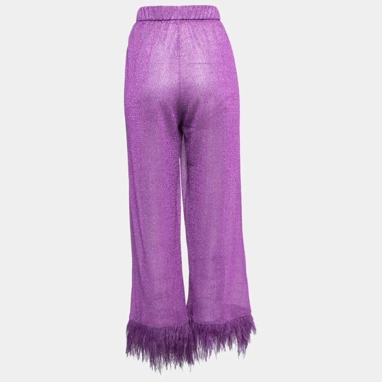 Oseree Purple Lurex Knit Feather Trim Sheer Trousers S Oseree