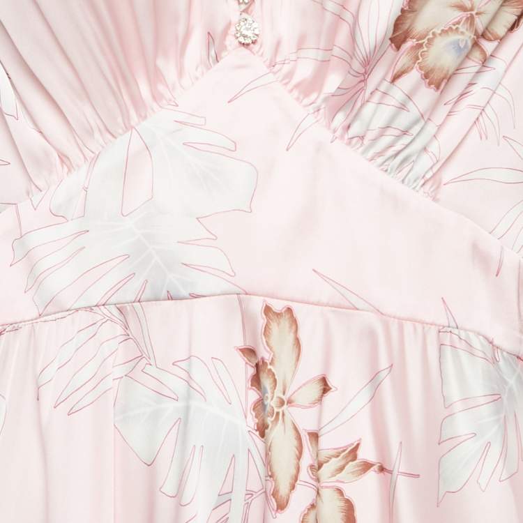 Pre Owned Paco Rabanne Pink Hawaiian Print Satin Midi Dress M