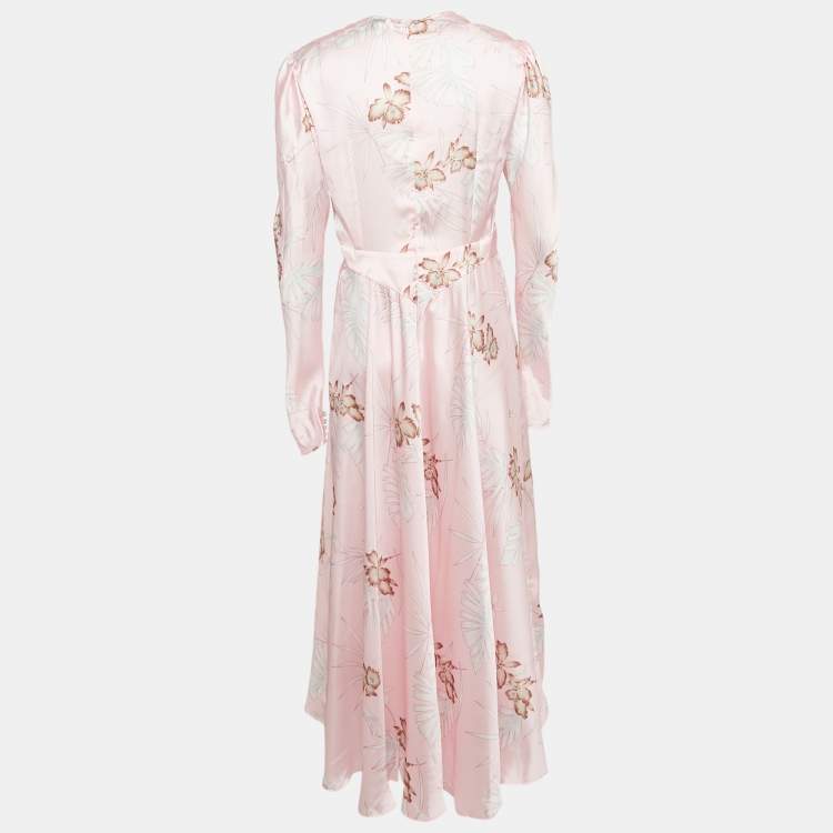 Pre Owned Paco Rabanne Pink Hawaiian Print Satin Midi Dress M