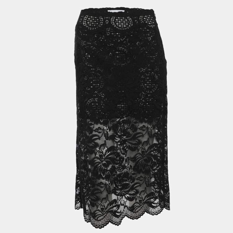 Pre Owned Paco Rabanne Black Floral Lace Midi Skirt S