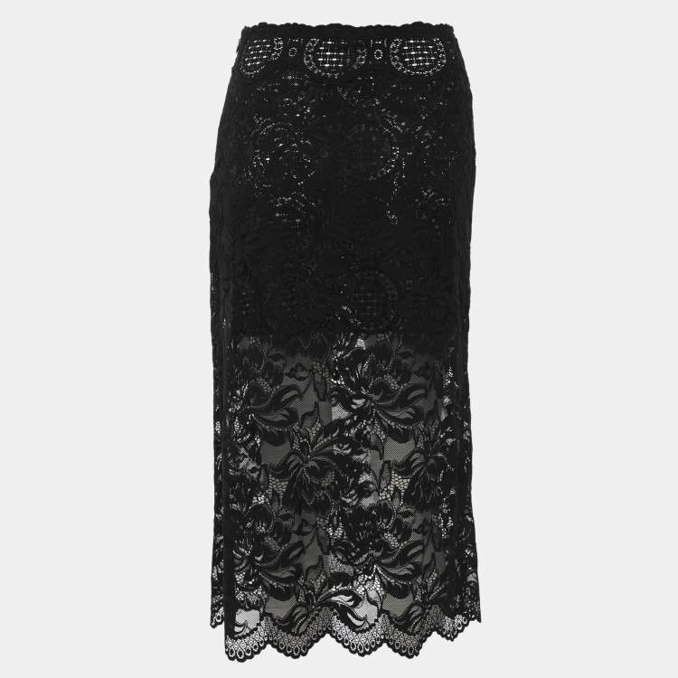 Pre Owned Paco Rabanne Black Floral Lace Midi Skirt S