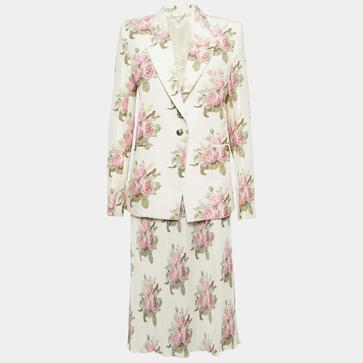 Pre Owned Paco Rabanne Cream Rose Print Cotton and Plisse Skirt Suit M/L