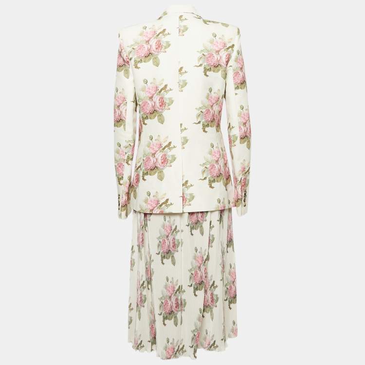 Pre Owned Paco Rabanne Cream Rose Print Cotton and Plisse Skirt Suit M/L