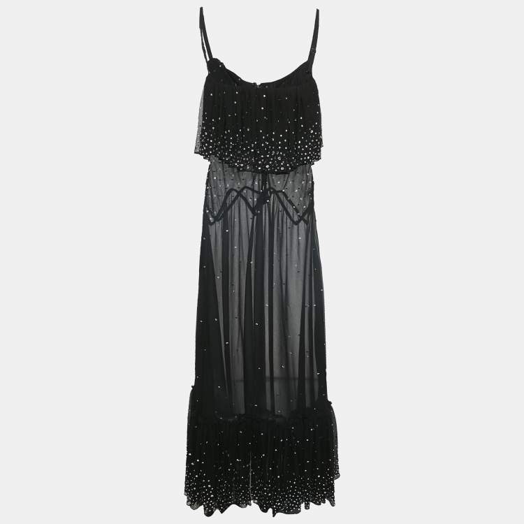 Pre Owned Rabanne x H&M Black Studded Chiffon Flounce Maxi Dress S