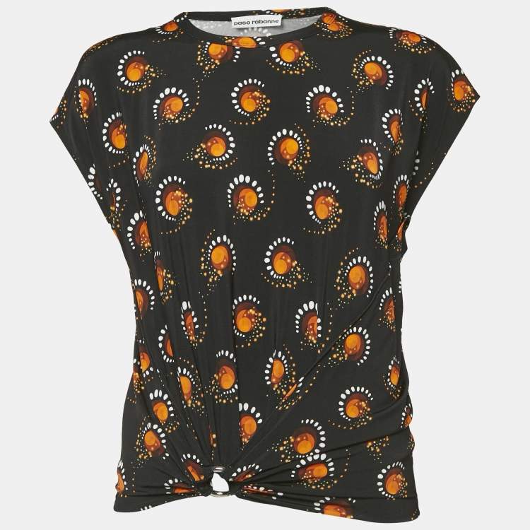 Pre Owned Paco Rabanne Black Printed Jersey Gathered Top M