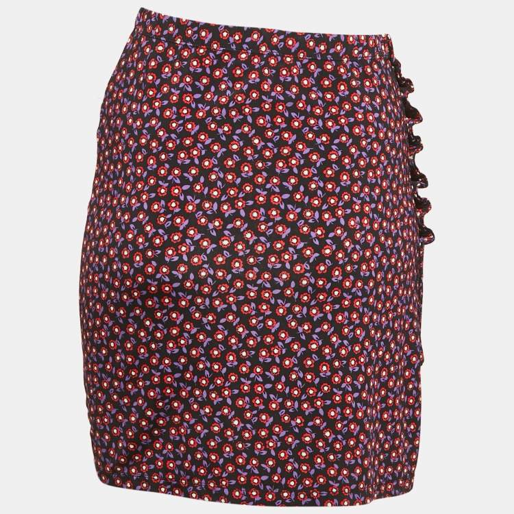 Pre Owned Paco Rabanne Black Floral Print Jersey Ruched Jupe Mini Skirt S