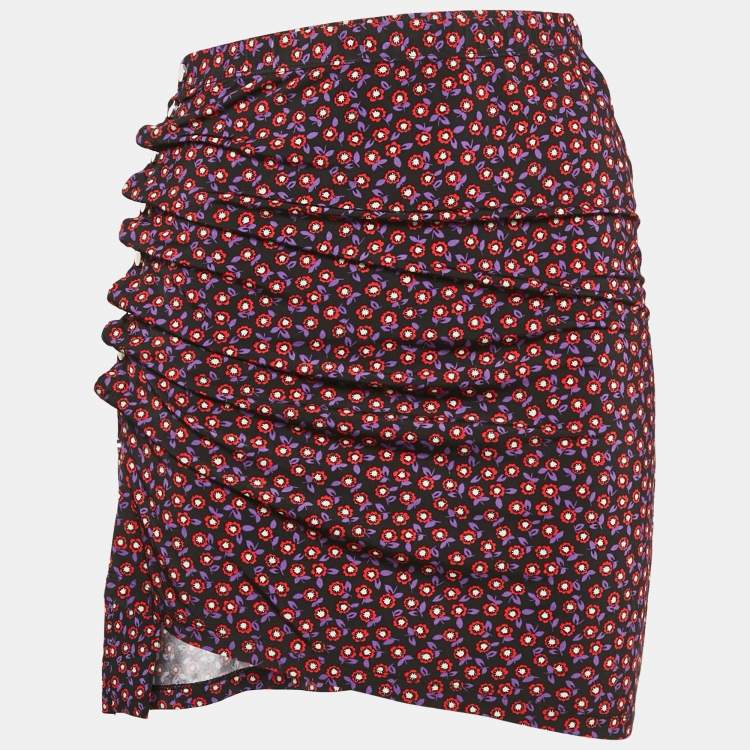 Pre Owned Paco Rabanne Black Floral Print Jersey Ruched Jupe Mini Skirt S
