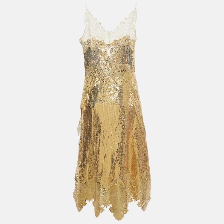 Pre Owned Paco Rabanne Gold Sequin Long Sleeveless Dress S