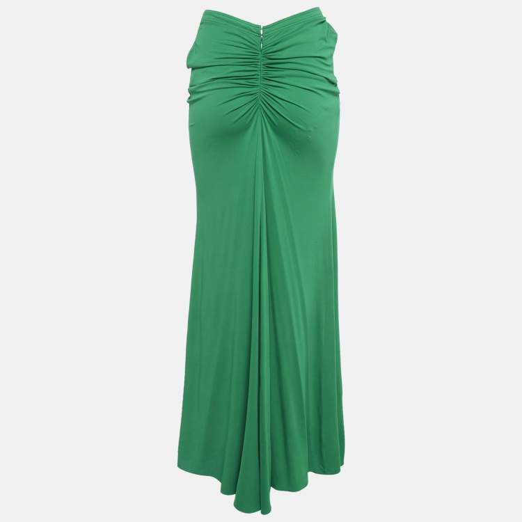 Pre Owned Paco Rabanne Green Jersey Gathered Maxi Skirt L