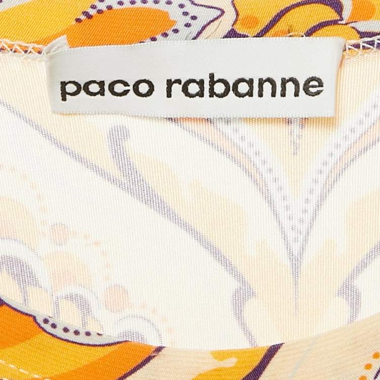 Pre Owned Paco Rabanne Orange Printed Jersey Draped Long Dress L