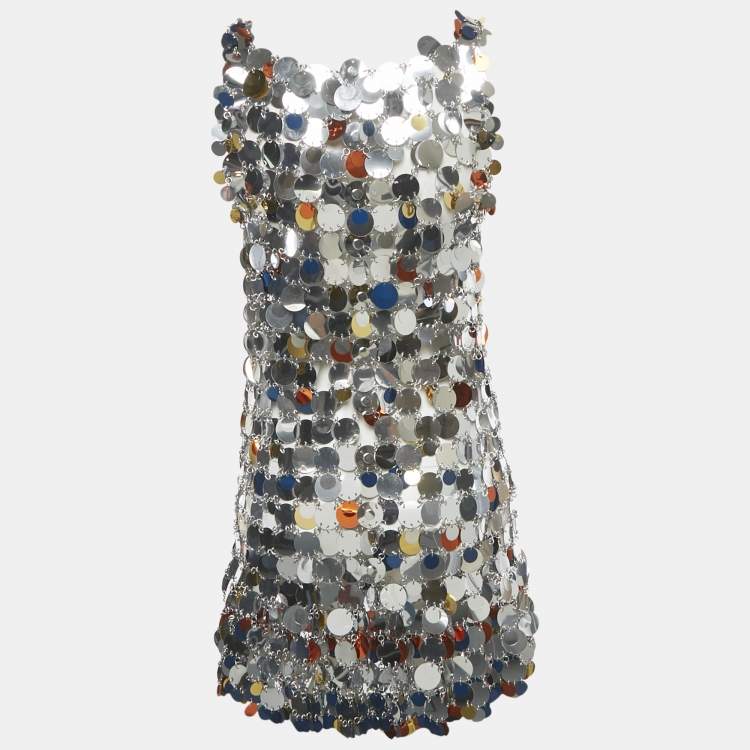 Pre Owned Paco Rabanne Silver Sequin Disc Mini Dress S