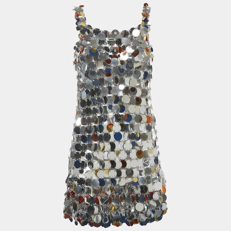 Pre Owned Paco Rabanne Silver Sequin Disc Mini Dress S