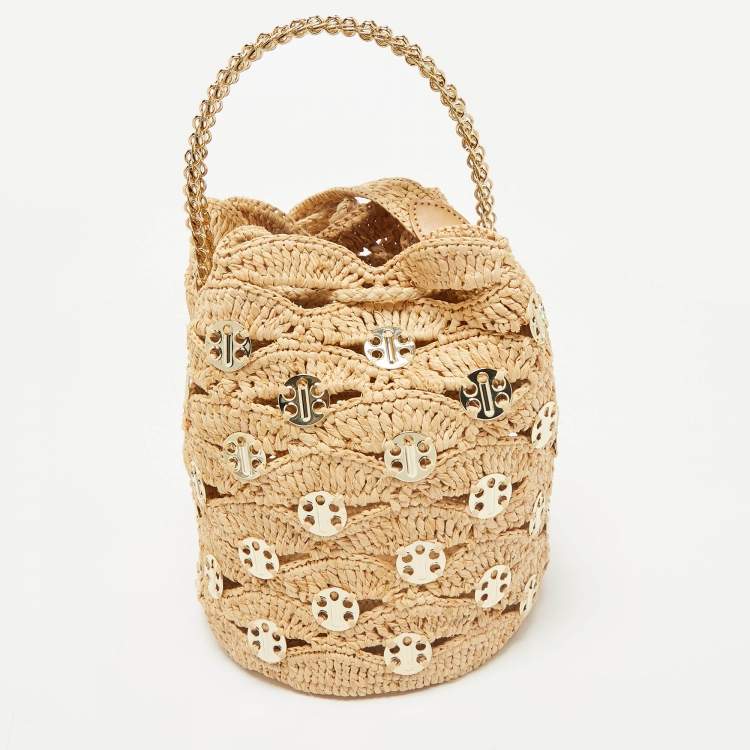 Pre Owned Paco Rabanne Natural New Raffia Signature 1969 Discs Wave Bucket Bag