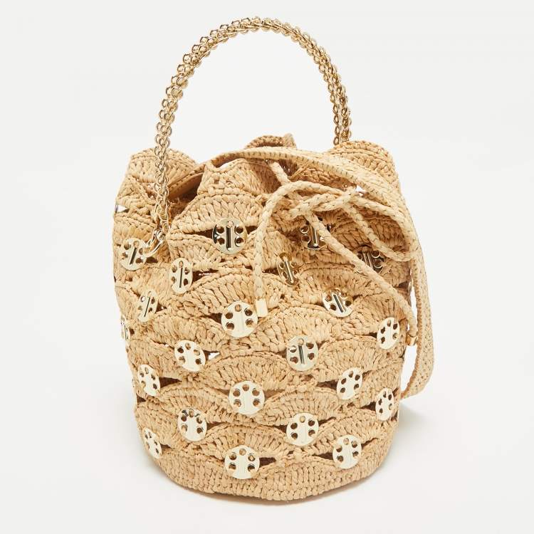 Pre Owned Paco Rabanne Natural New Raffia Signature 1969 Discs Wave Bucket Bag