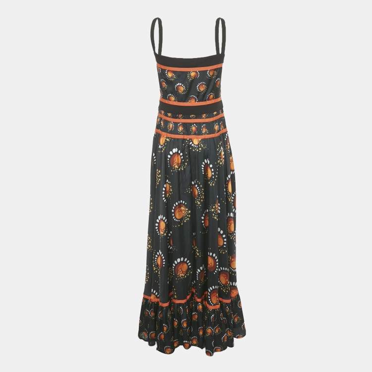 Pre Owned Paco Rabbane Black Printed Satin Flared Maxi Dress L