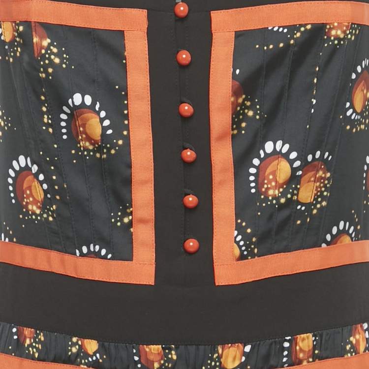 Pre Owned Paco Rabbane Black Printed Satin Flared Maxi Dress L