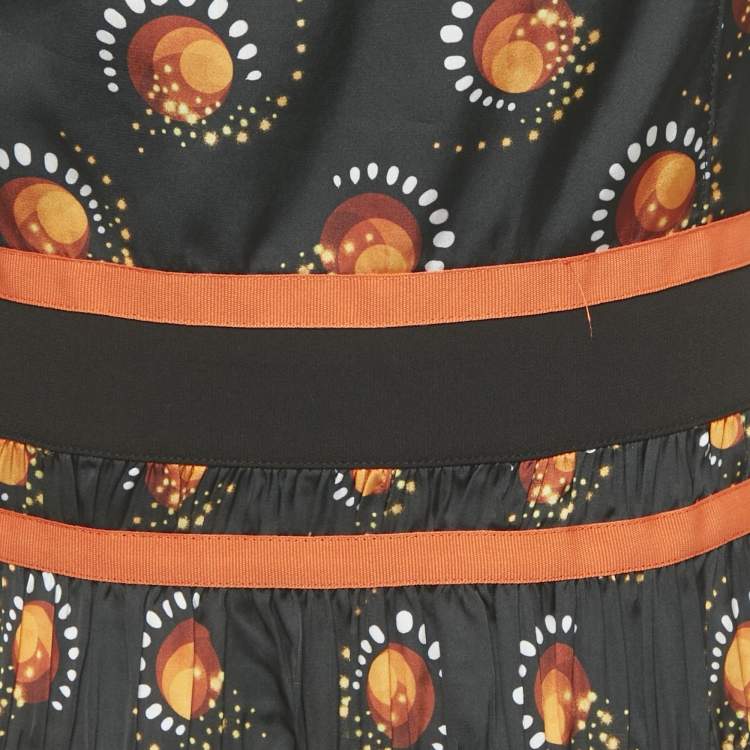 Pre Owned Paco Rabbane Black Printed Satin Flared Maxi Dress L