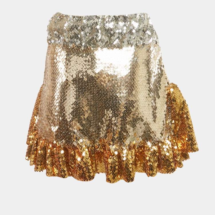 Pre Owned Paco Rabbane Gold Sequin Tiered Mini Skirt M