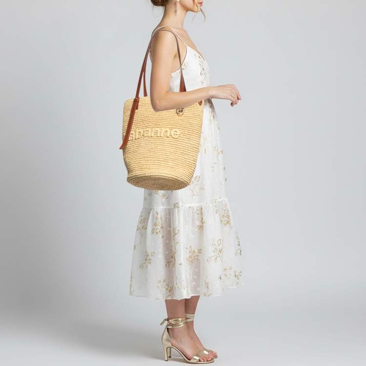 Pre Owned Paco Rabbane Logo Embroidered Cream/Brown Leather and Raffia Tote