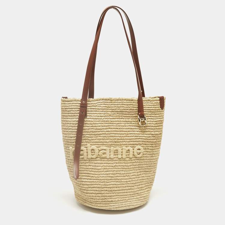 Pre Owned Paco Rabbane Logo Embroidered Cream/Brown Leather and Raffia Tote