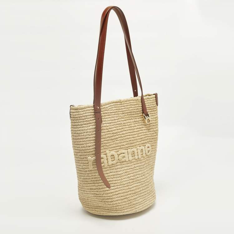 Pre Owned Paco Rabbane Logo Embroidered Cream/Brown Leather and Raffia Tote