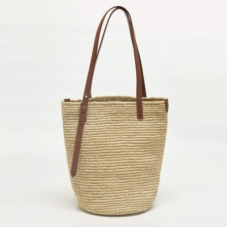 Pre Owned Paco Rabbane Logo Embroidered Cream/Brown Leather and Raffia Tote