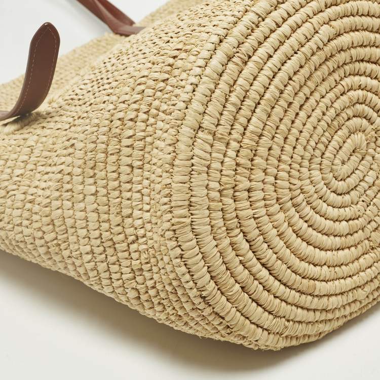 Pre Owned Paco Rabbane Logo Embroidered Cream/Brown Leather and Raffia Tote